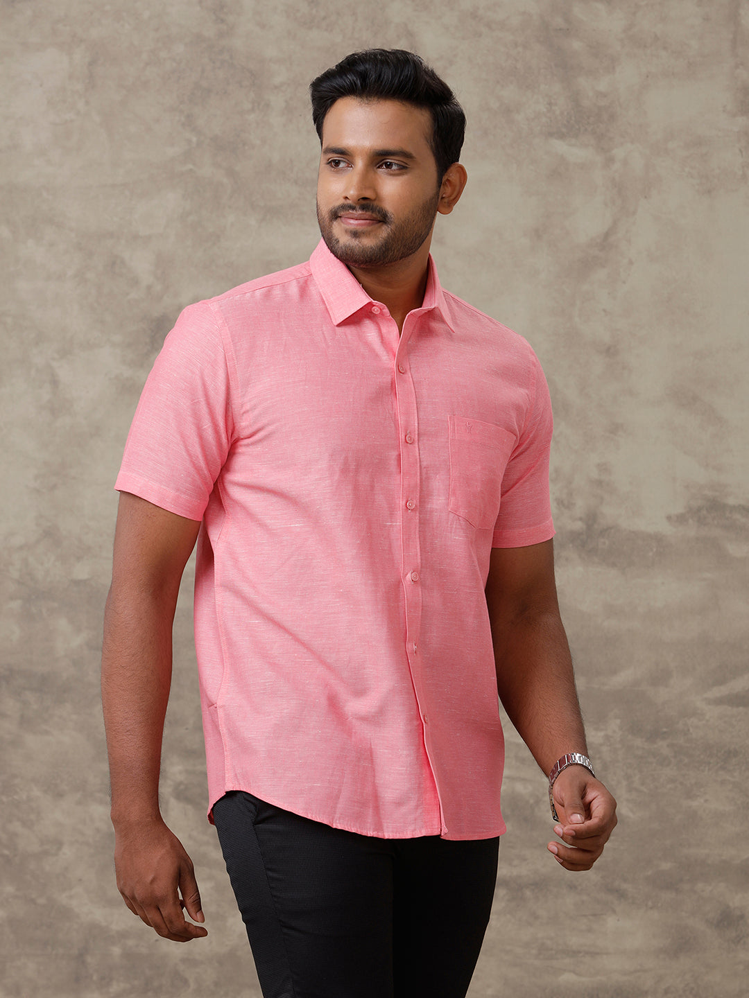 Hot Pink Pink Short Outfit Men Men Linen Cotton Shirt Light Pink LF2