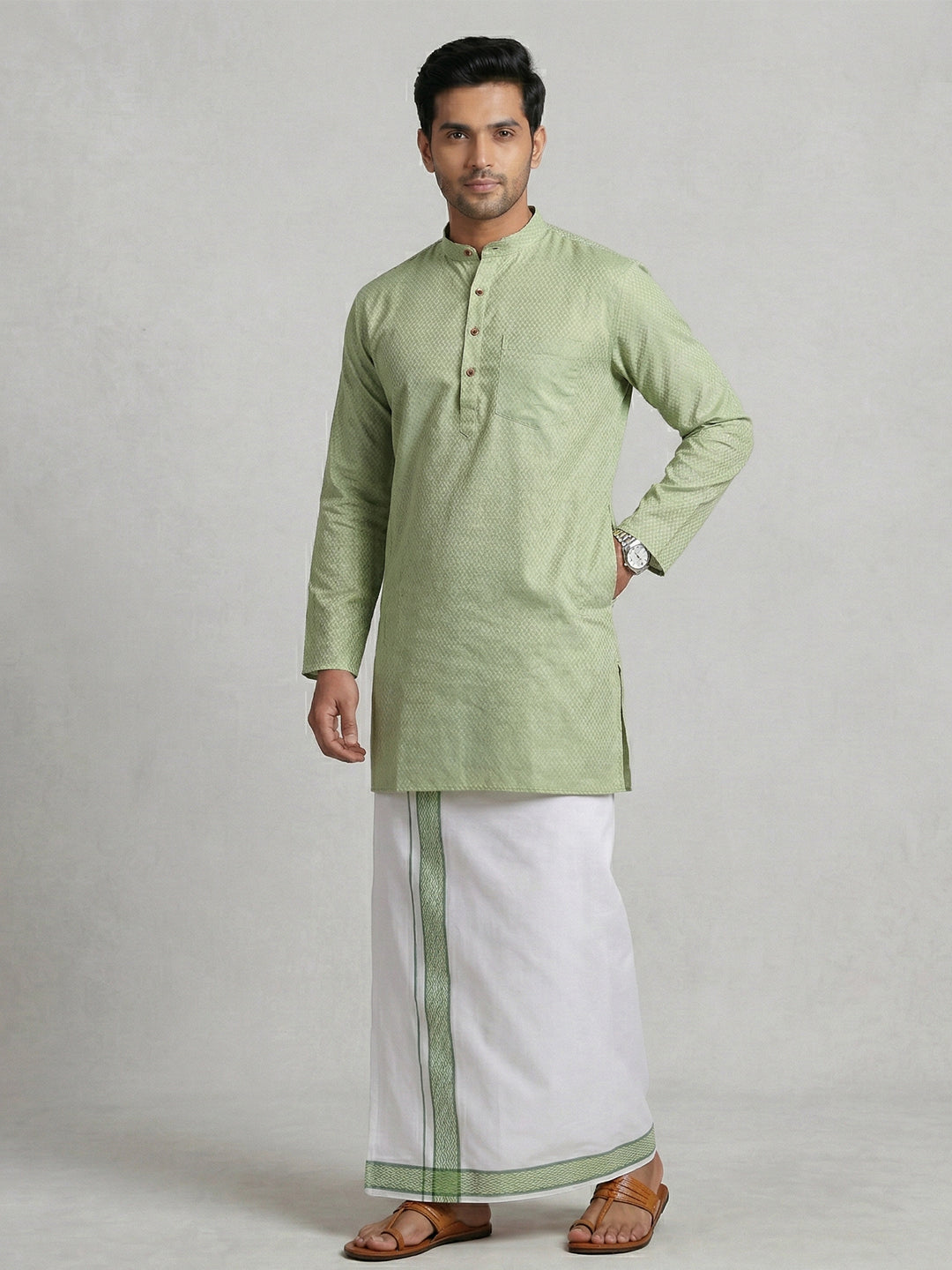 Men Green Medium Length Kurta with Matching Border Dhoti Set MHJ7