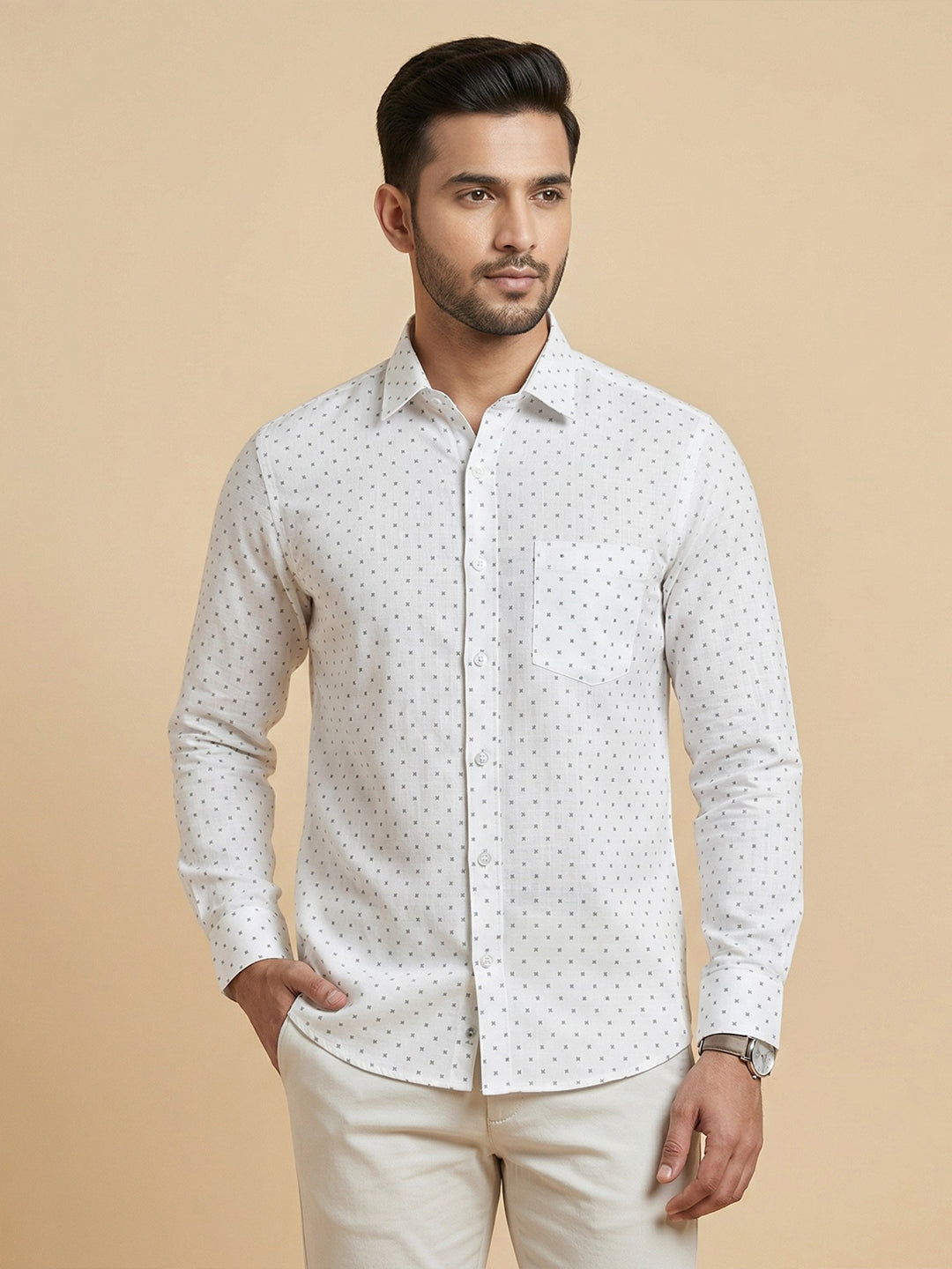 Men Cotton Blend Printed White Shirt T66 APT7