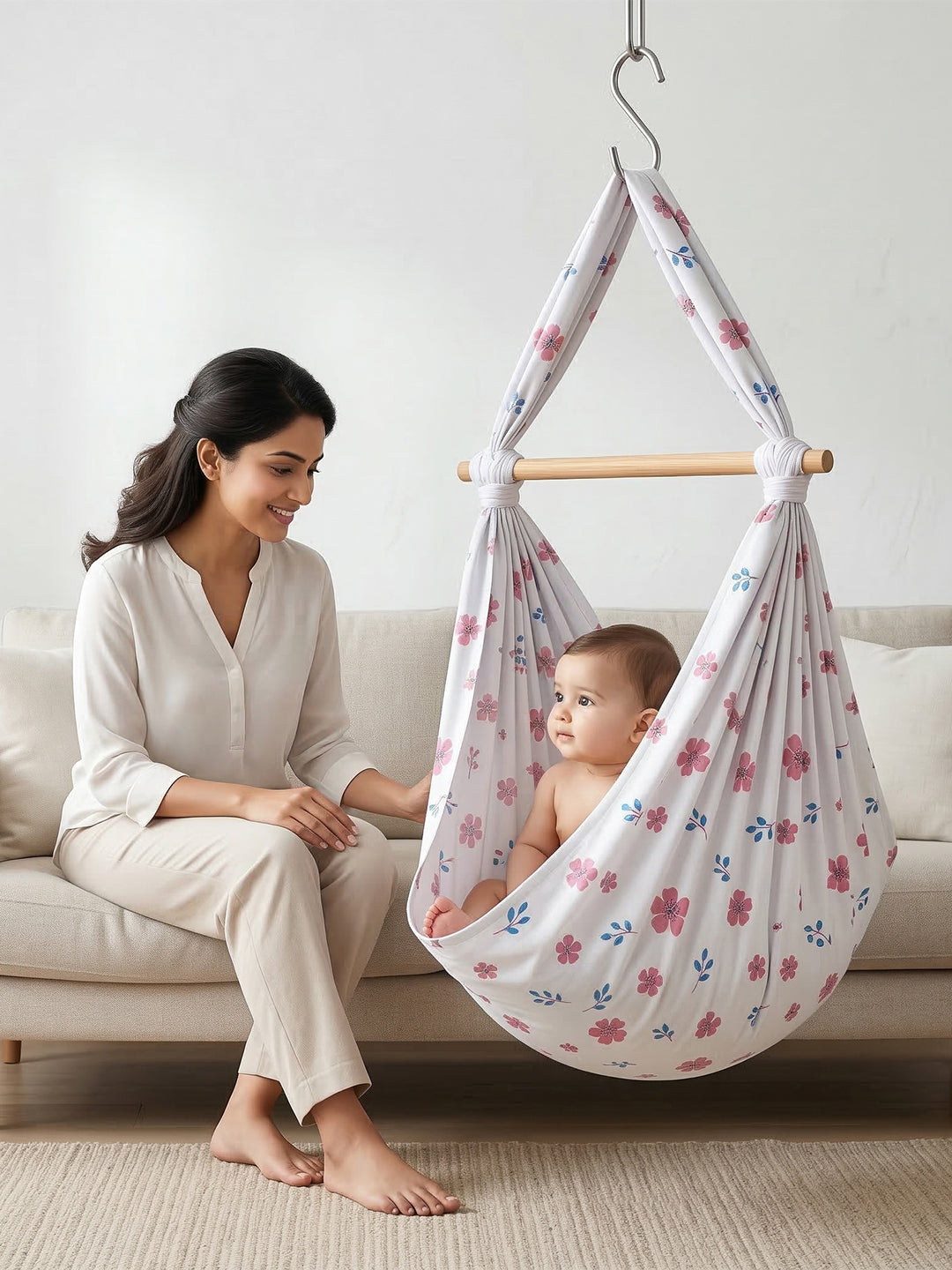 Premium Soft Cotton Baby Hammock Stitched White with Assorted Prints (Thottil/Jhula)