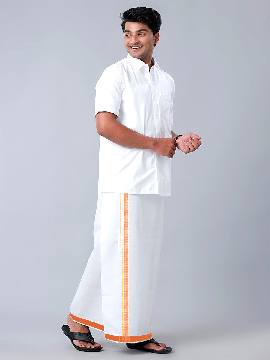 Mens Readymade Adjustable White Dhoti with Orange Fancy Border Champ Jari - L