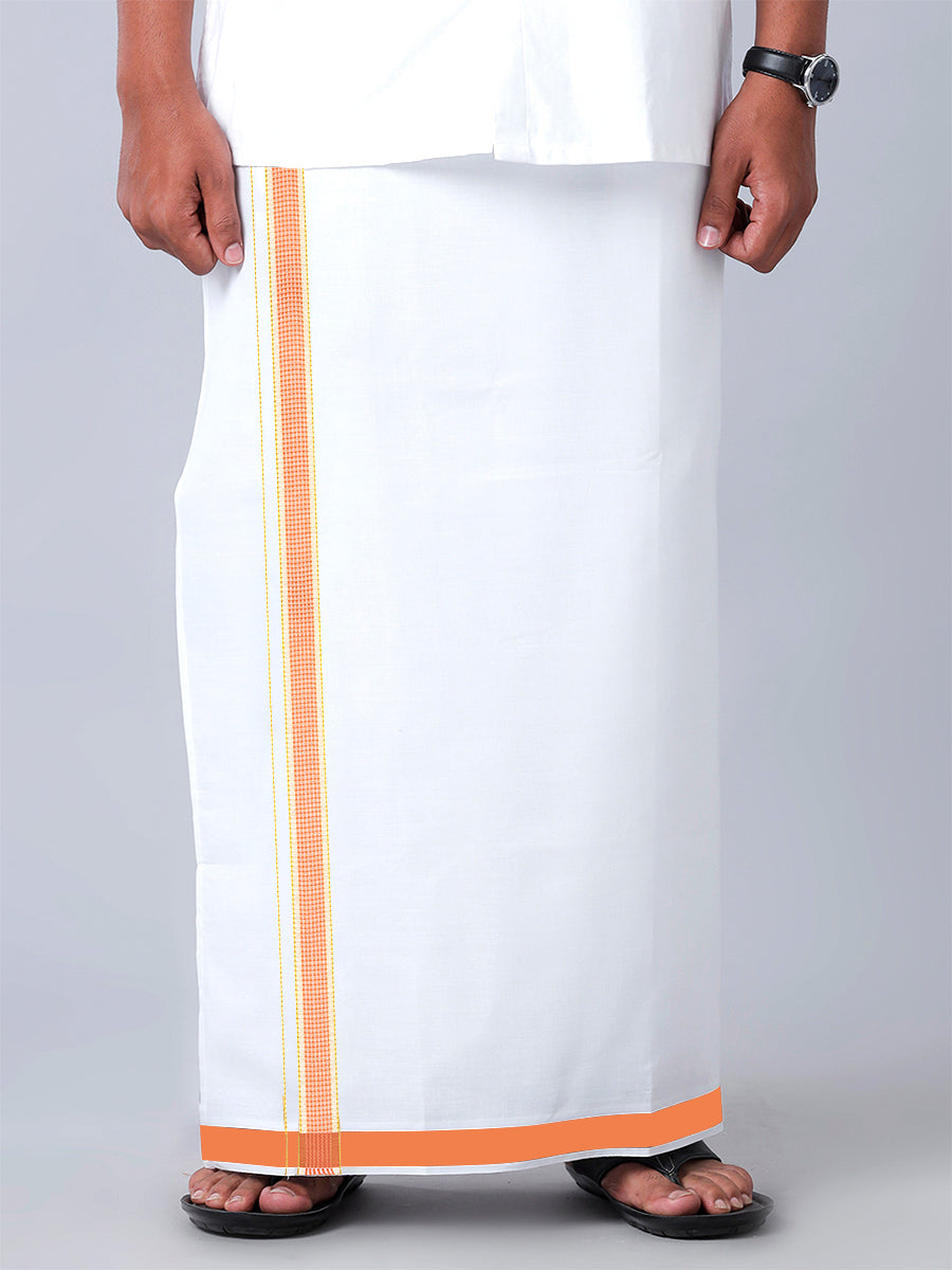 Mens Readymade Adjustable White Dhoti with Orange Fancy Border Champ Jari - L-Front view