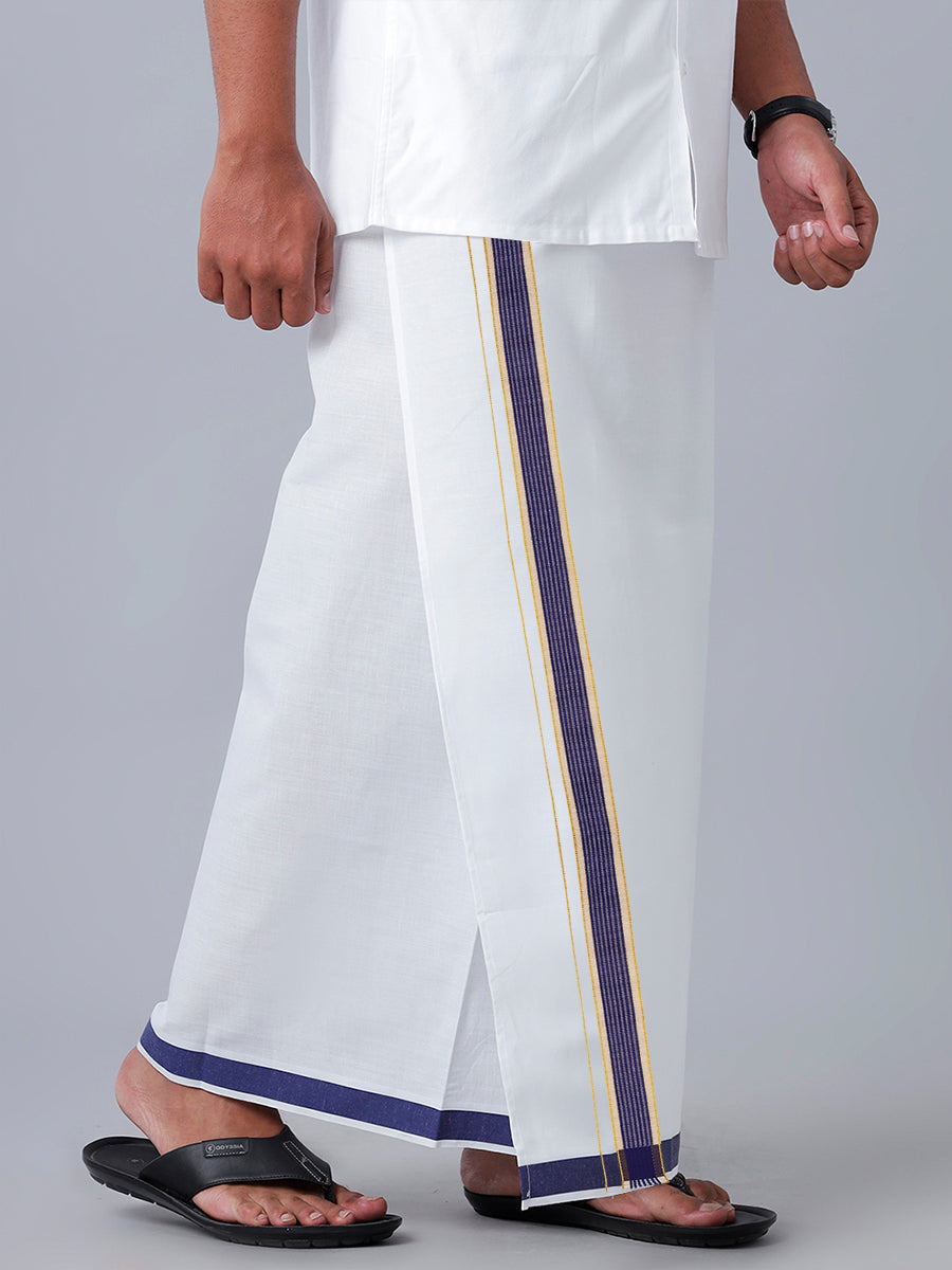 Mens Readymade Adjustable White Dhoti with Navy Fancy Border Champ Jari - L-Side view