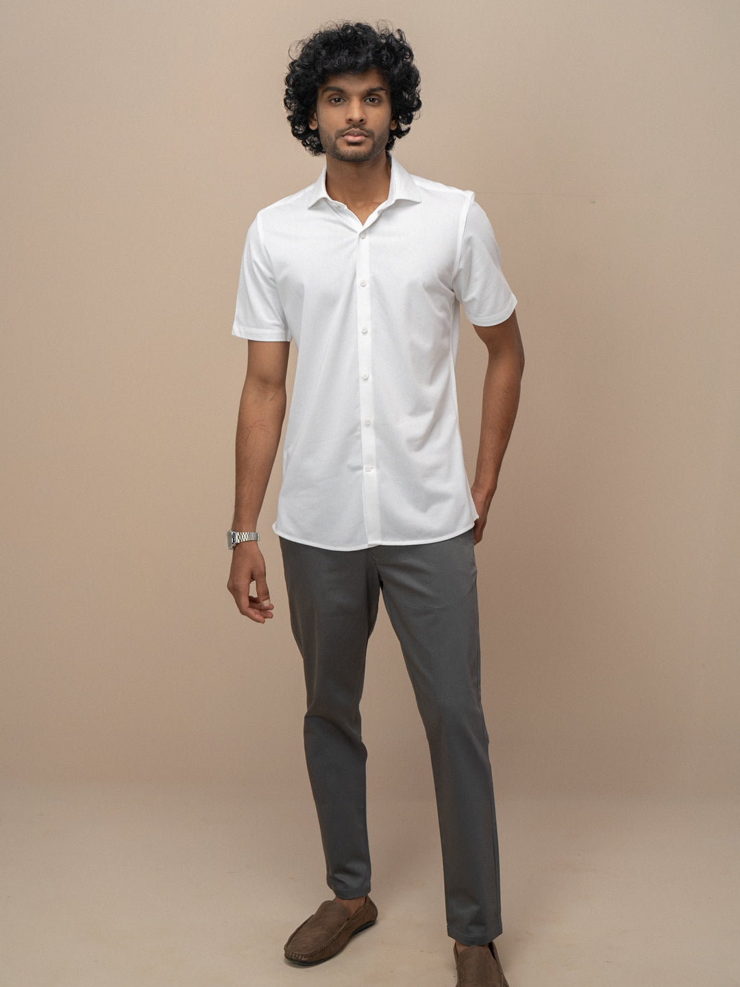 Men Poly Cotton Stretchable White Half Sleeves Shirt ER1