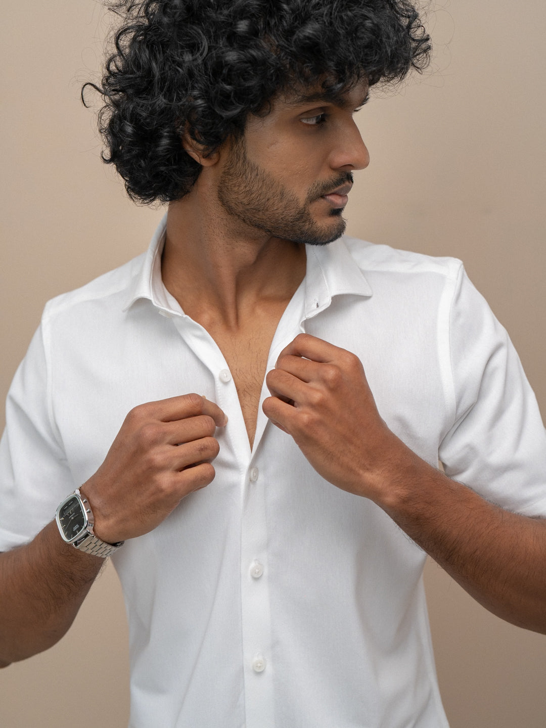 Men Poly Cotton Stretchable White Half Sleeves Shirt ER1