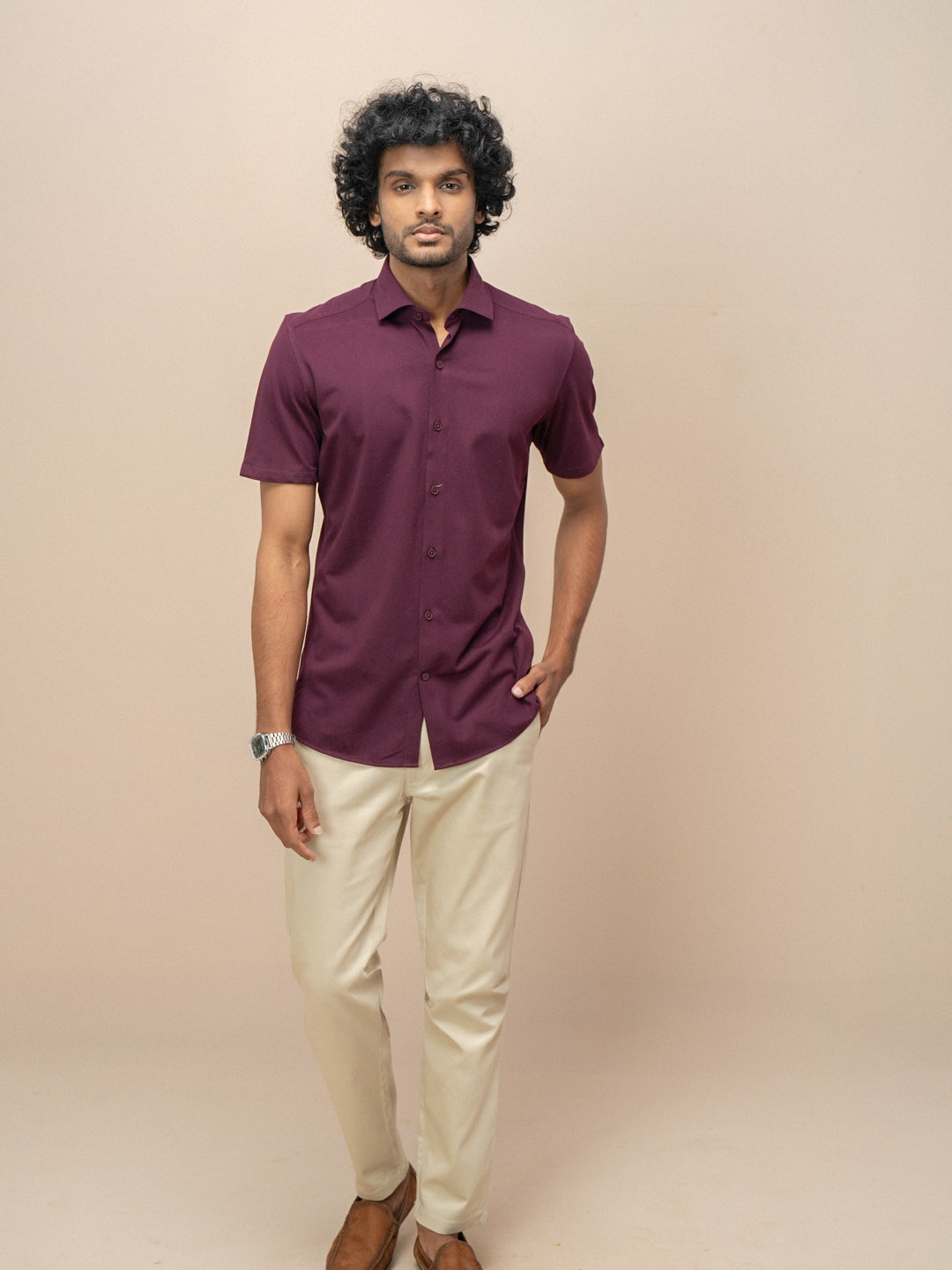 Men Poly Cotton Stretchable Grape wine Half Sleeves Shirt ER4