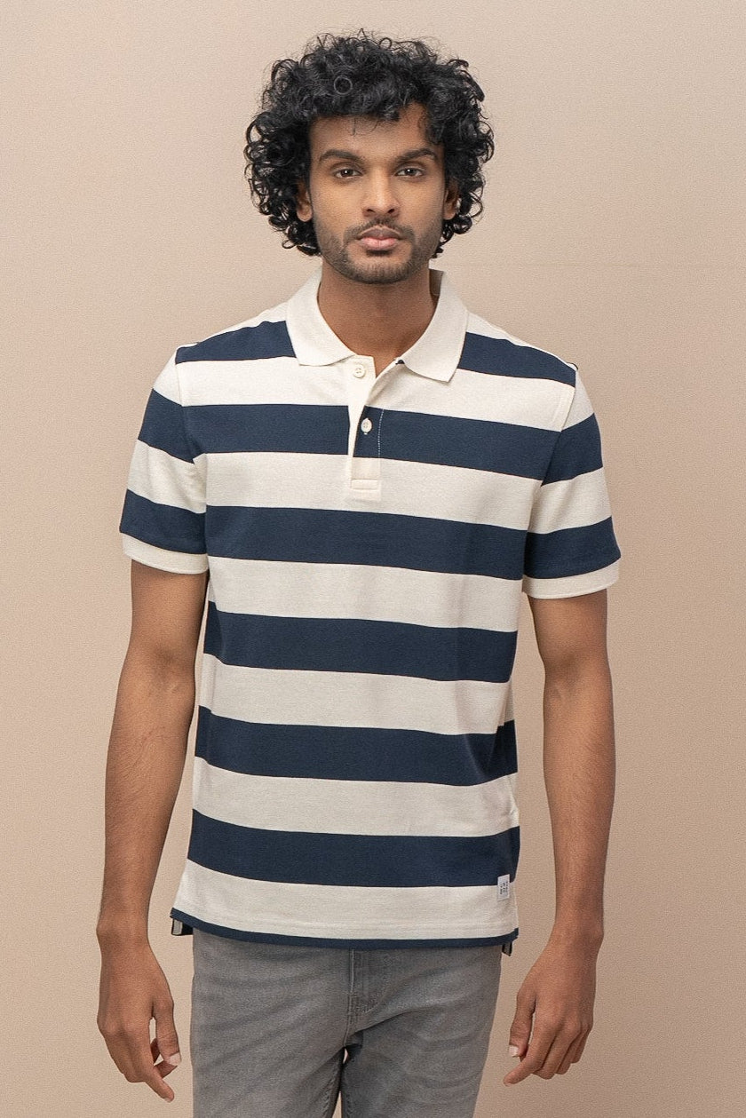 Men Smart Fit Engineered Polo T-Shirt OffWhite with Navy EN22