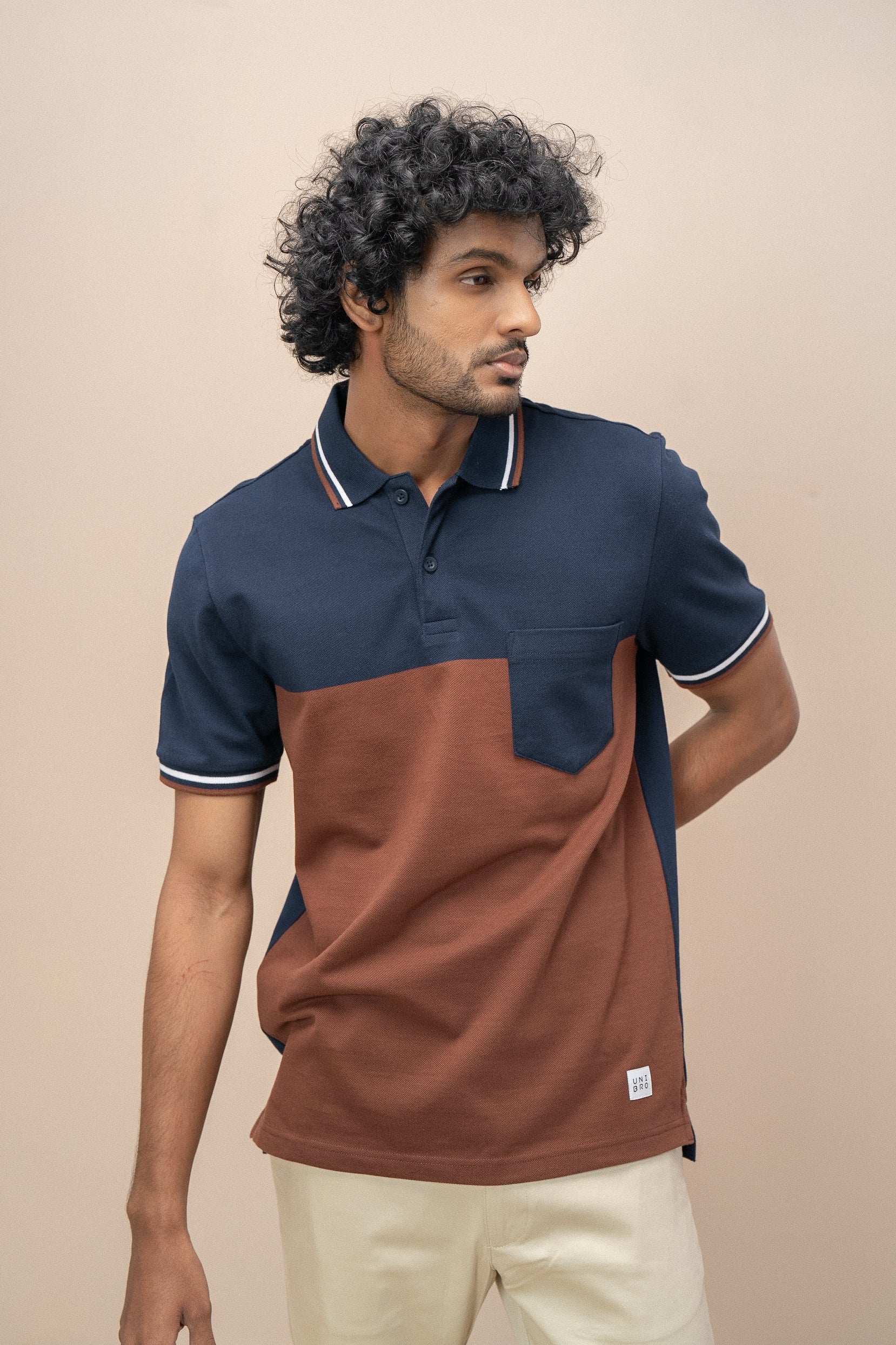 Men Smart Fit Engineered Polo T-Shirt Navy with Brown EN19