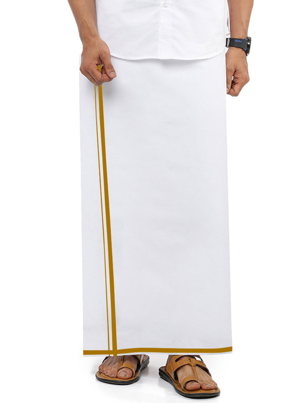 Mens White Single Dhoti with Brown Small Border Akill