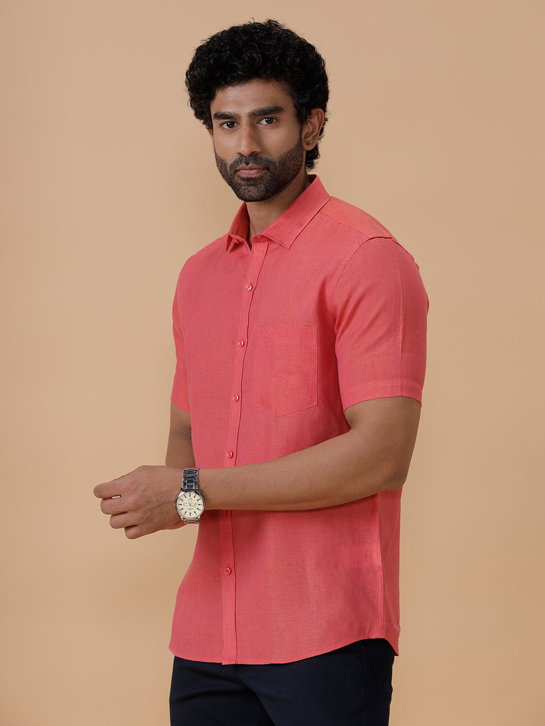 Men Pure Linen Shirt Vivid Red L14