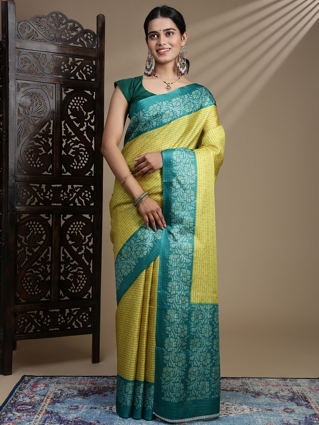 Women Yellow Semi Tussar Printed Saree ST312