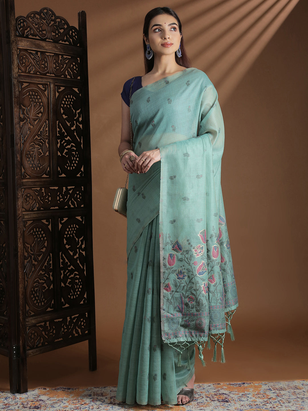Women Sea Green Cotton Weaving Saree PCS256