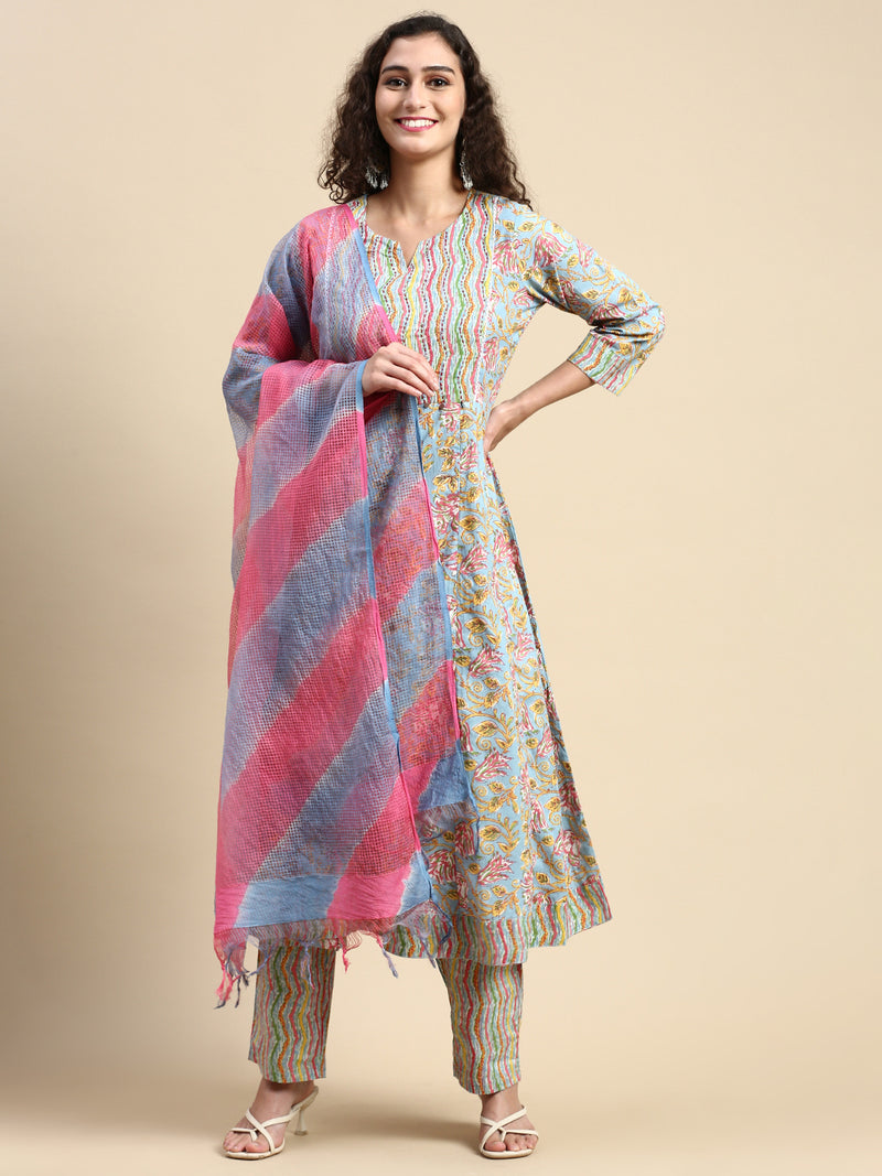 Womens Multi Colour Printed & Embroidered Kurti Set PKS02