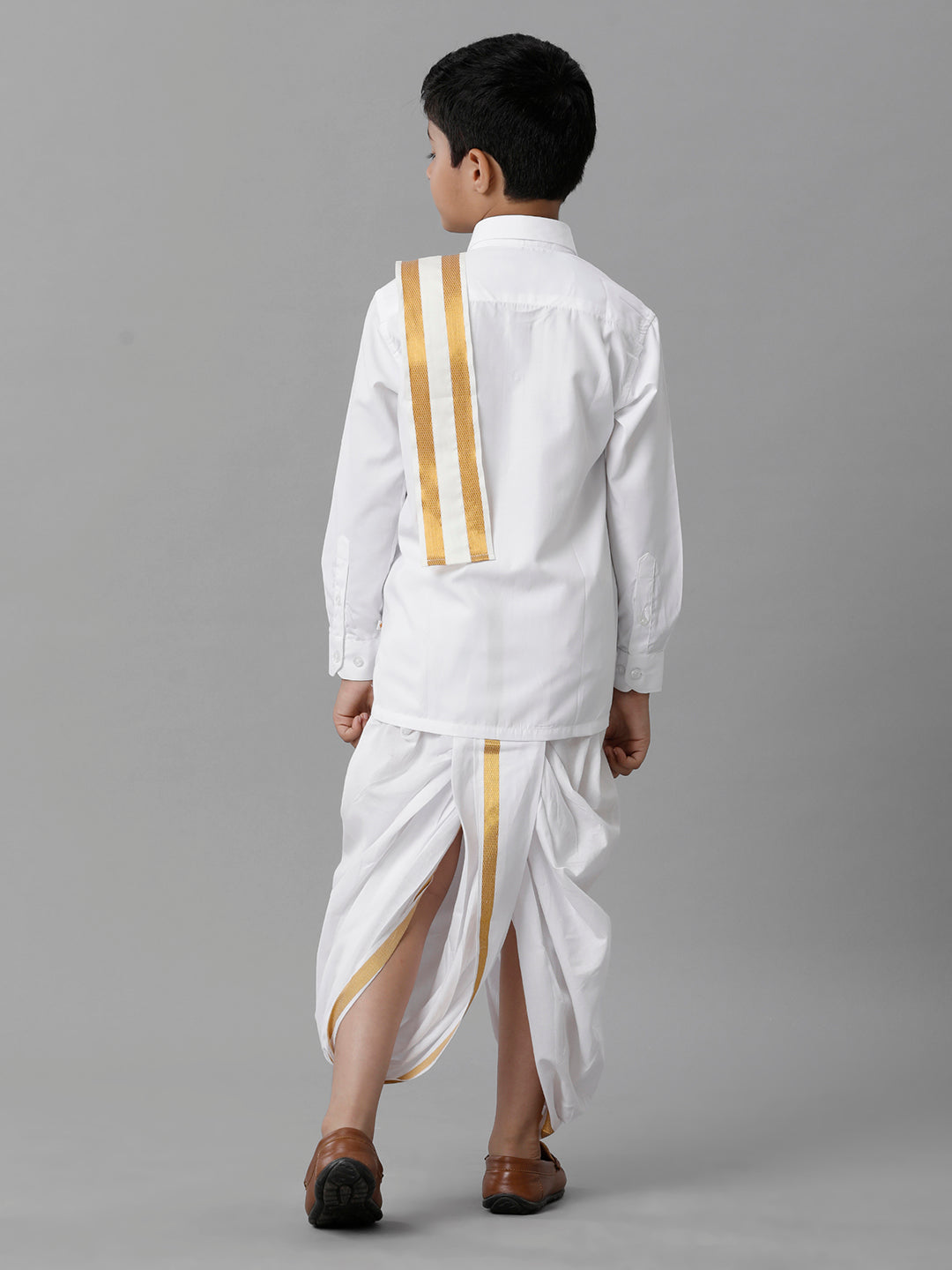 Boys Cotton White Full Sleeves Shirt Panchakacham Towel Combo-Back view