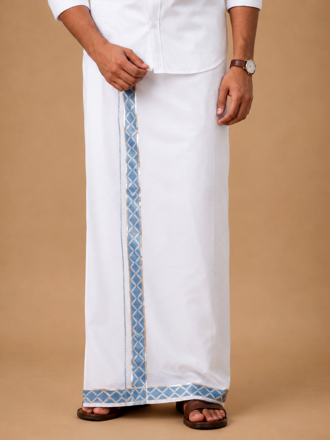 Men Premium Cotton Double Layer White Dhoti with Fancy Jari Border Luxury Elite LC32