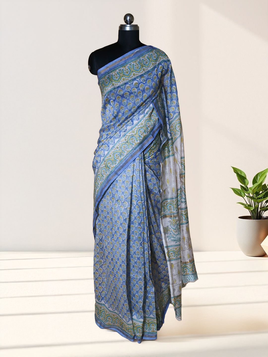 Women Blue Pure Chanderi Cotton Printed Saree SC76