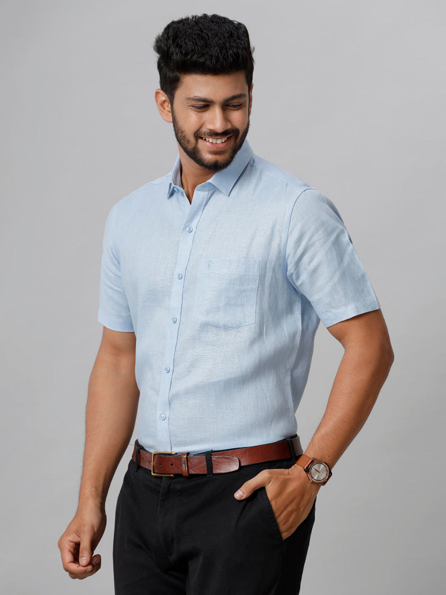 Mens Pure Linen Blue Smart Fit Half Sleeves Shirt-Side view