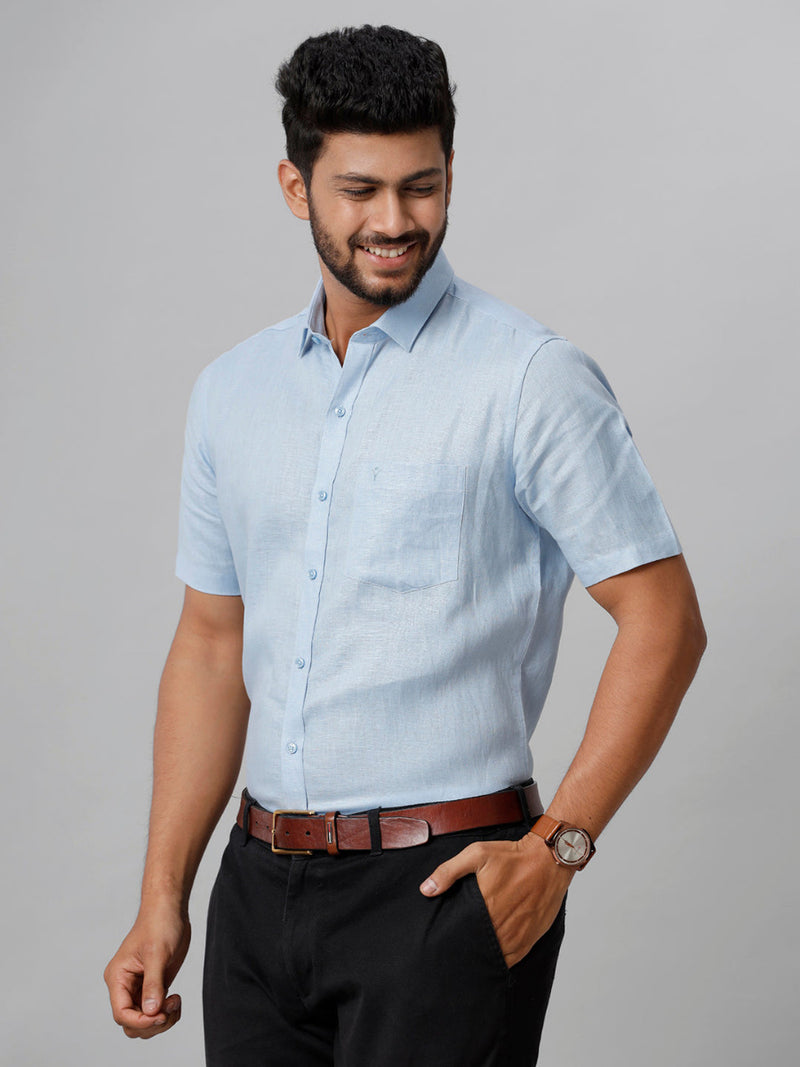 Mens Pure Linen Blue Smart Fit Half Sleeves Shirt