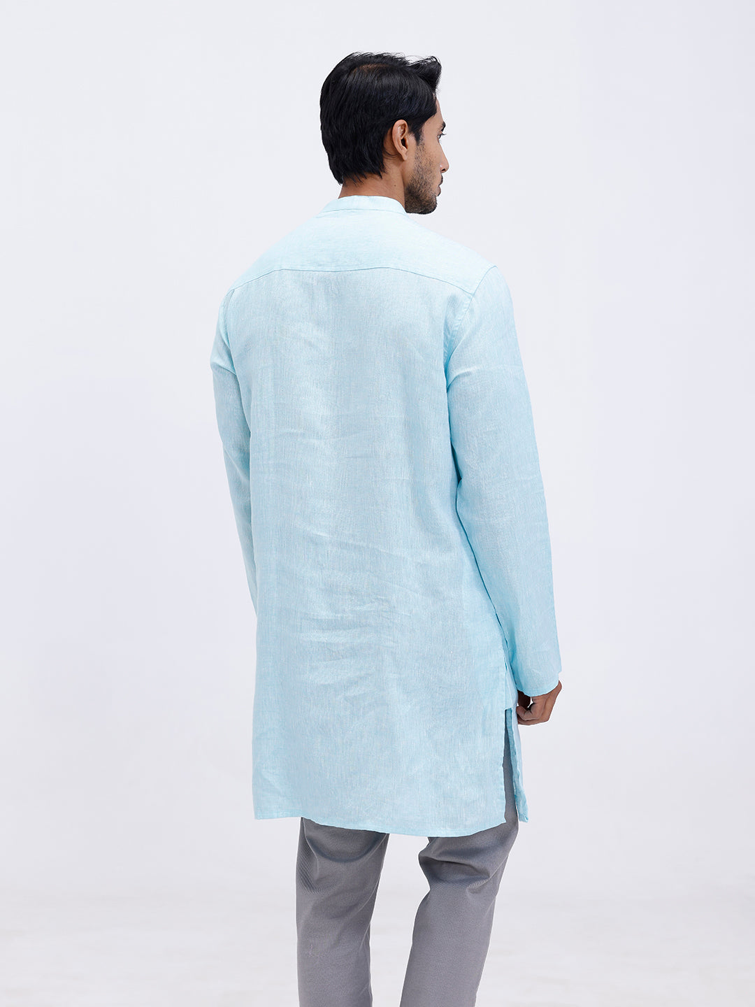 Men Pure Linen Medium Length Plain Pocket Kurta Light Mint Blue KAL4