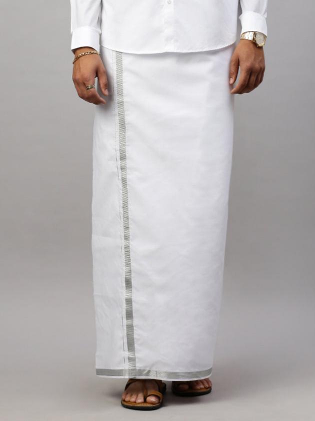 Men White with Silver Jari Border Readymade Single Layer Dhoti Elegent 246