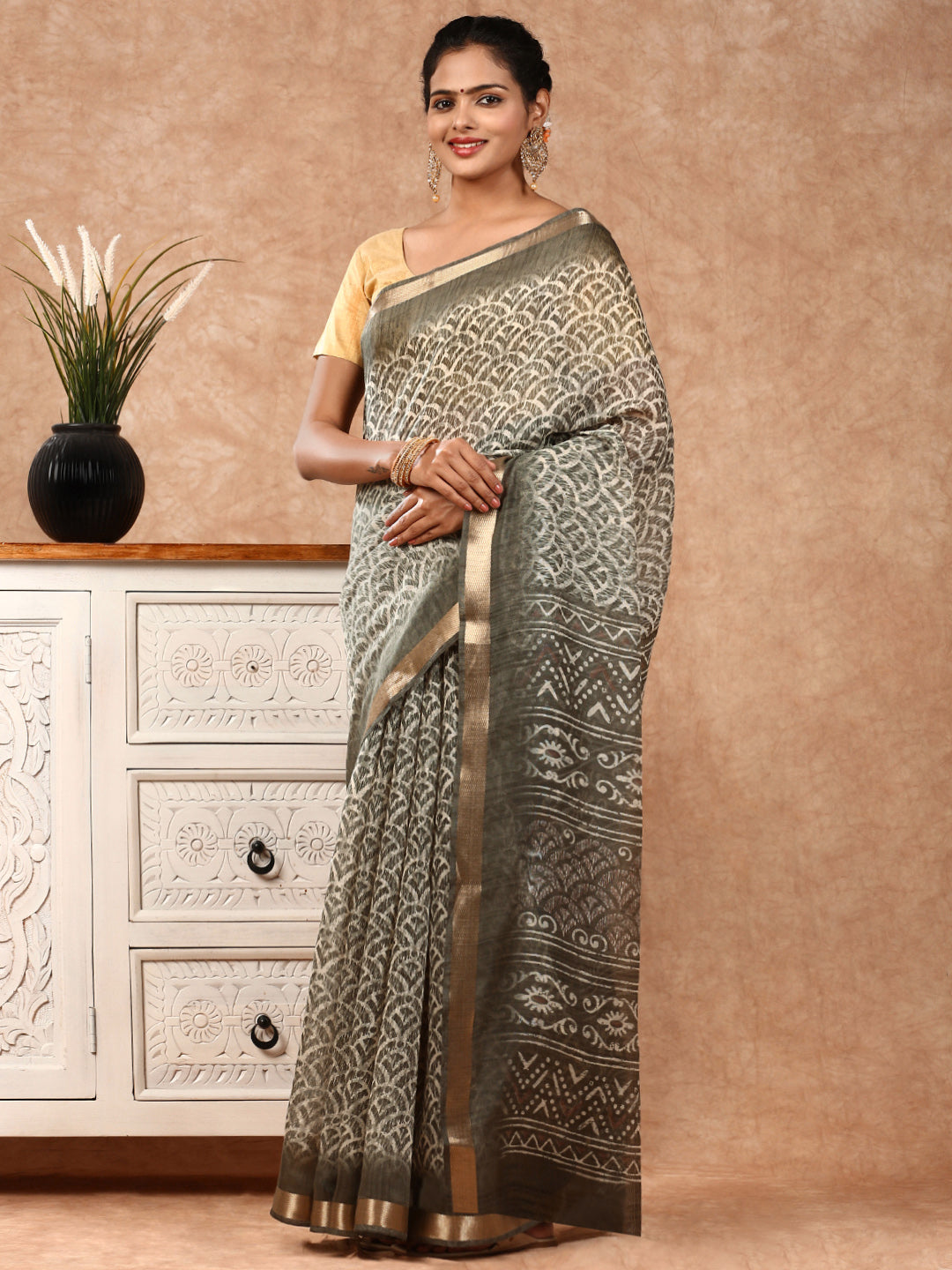 Women Semi Chanderi Saree Green SC16