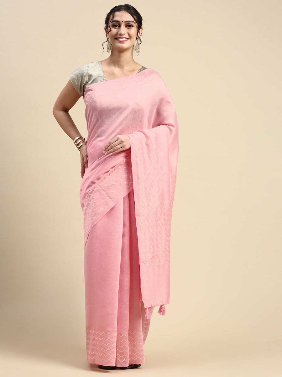 Womens Semi Linen Plain Pink Saree SL50