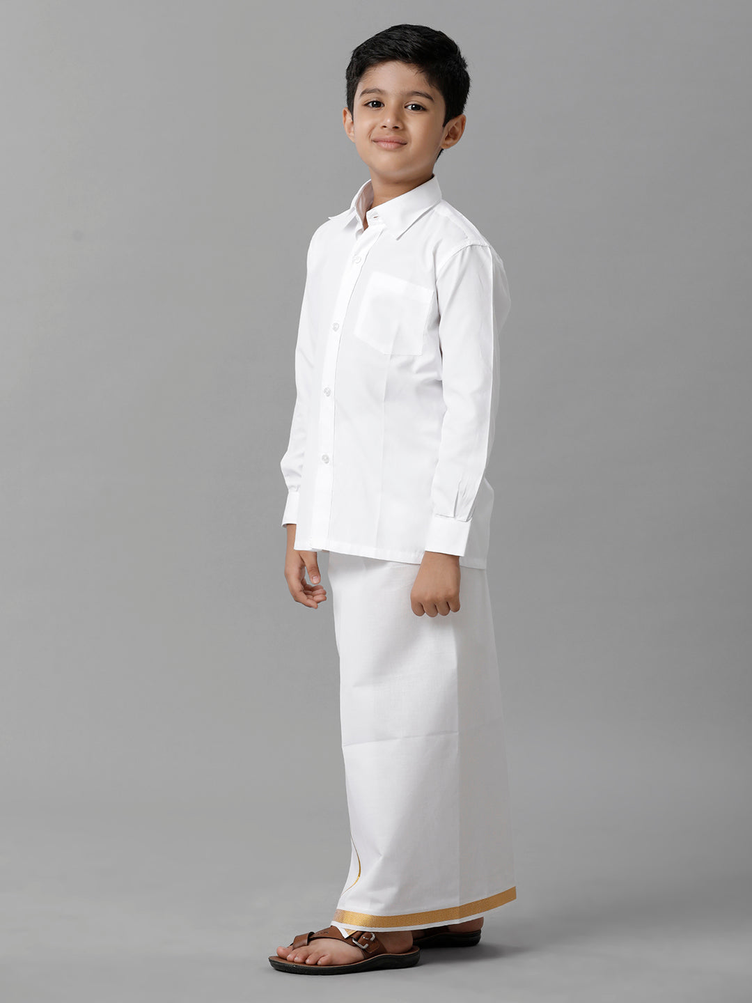 Boys Cotton Shirt with Dhoti Set White Full-Side view