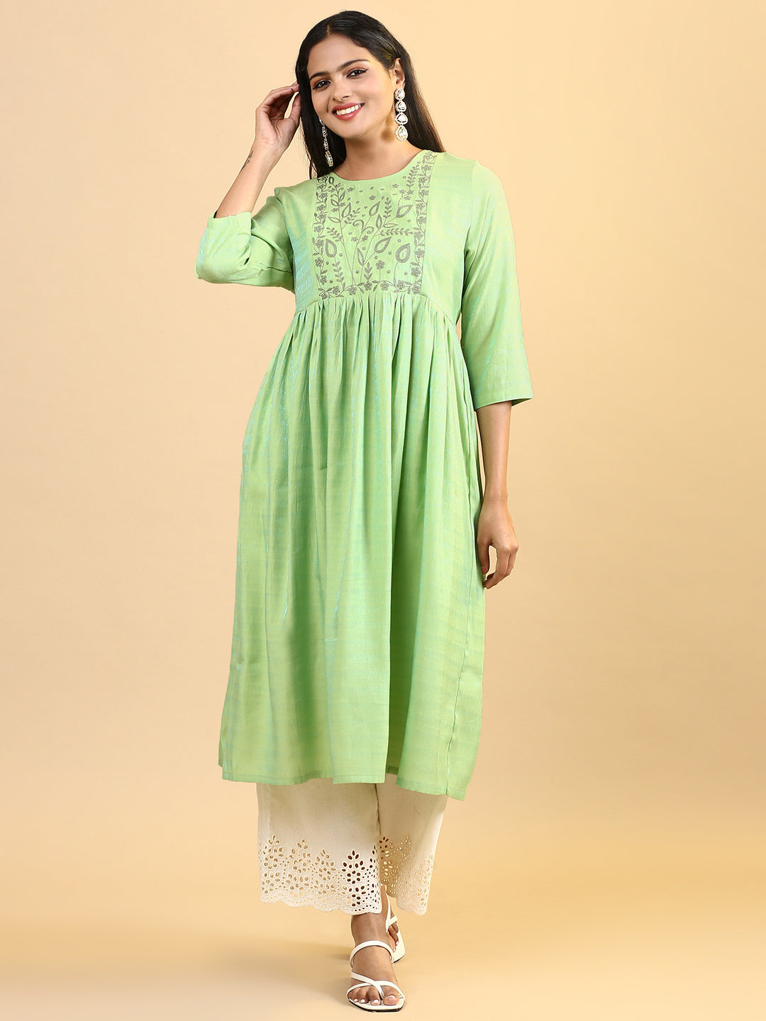 Women Cotton Embroidered Round Neck Kurti Parrot Green EKS12