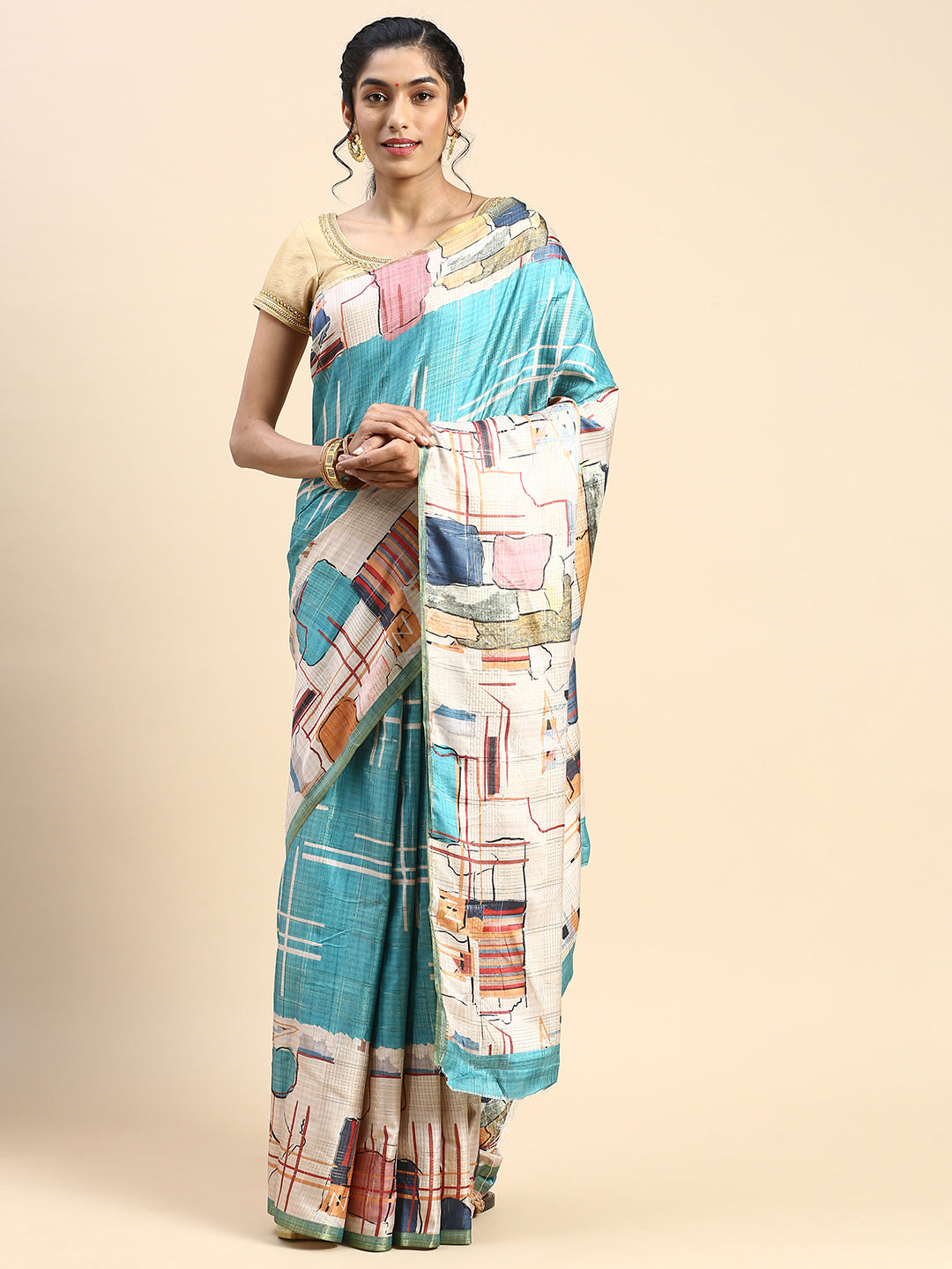 Women Semi Tussar Printed Saree Greenish Blue & Sandal STP23
