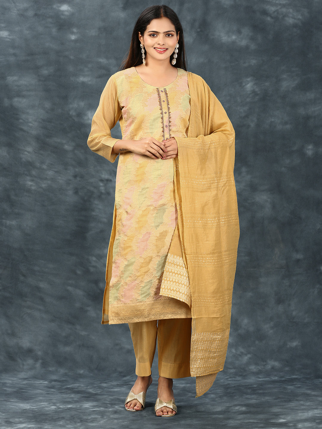 Women Cotton Embroidered Kurti Sets Yellow EKS15