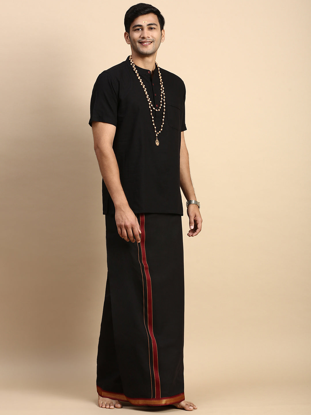 Men Devotional Mayilkhan Border Dhoti & Kurta Set Black PB17