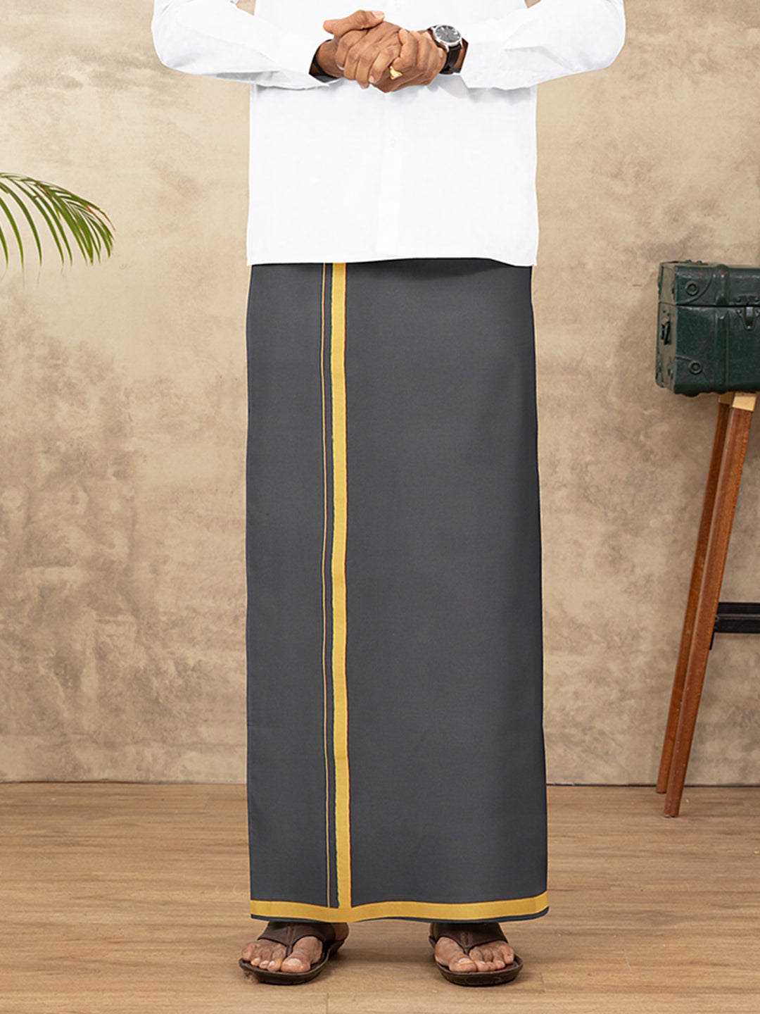 Men 100% Cotton Single Layer Dark Cement Dhoti with Big Border Poojan