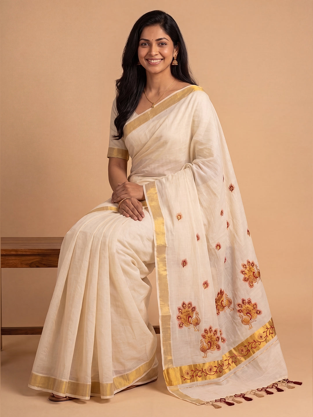 Women Kora Cotton Cream Embroidered Saree with Gold Jari KLS65