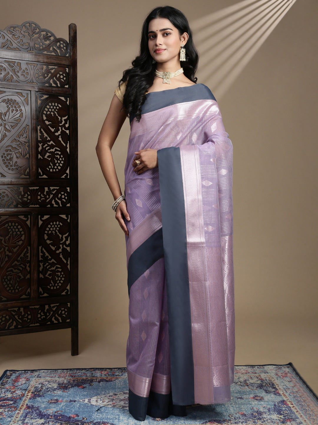 Women Lavender Semi Kora Cotton Saree SK124