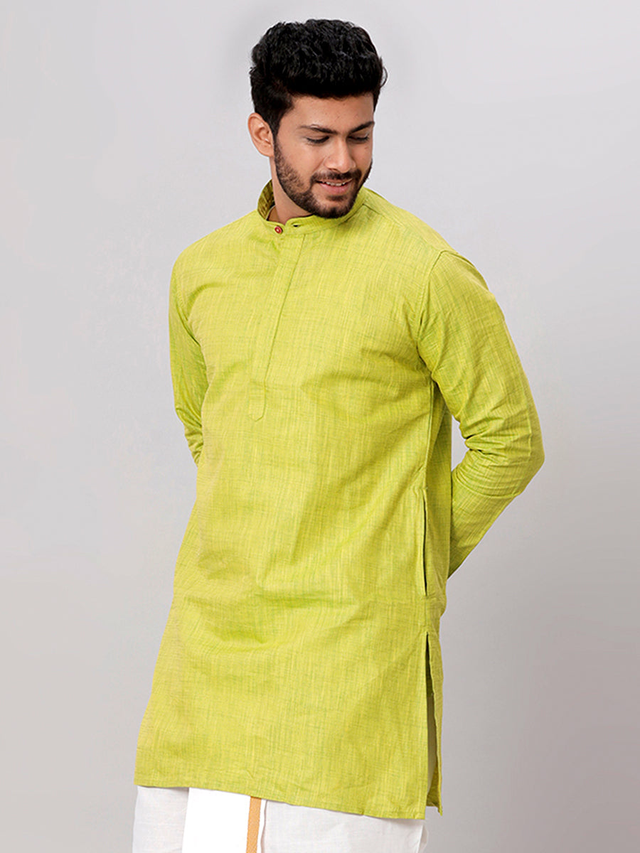 Mens Cotton Full Sleeves Parrot Green Medium Length Pocket Kurta FS2-Front view