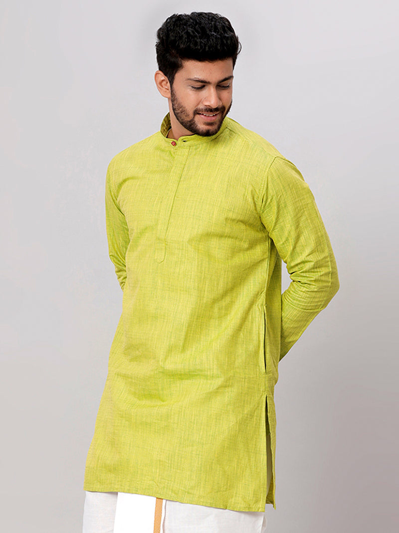 Mens Cotton Full Sleeves Parrot Green Medium Length Pocket Kurta FS2