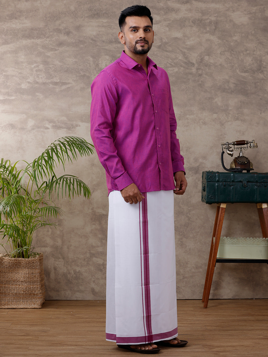 Men Matching Border Dhoti & Full Sleeves Shirt Set Magenta C49