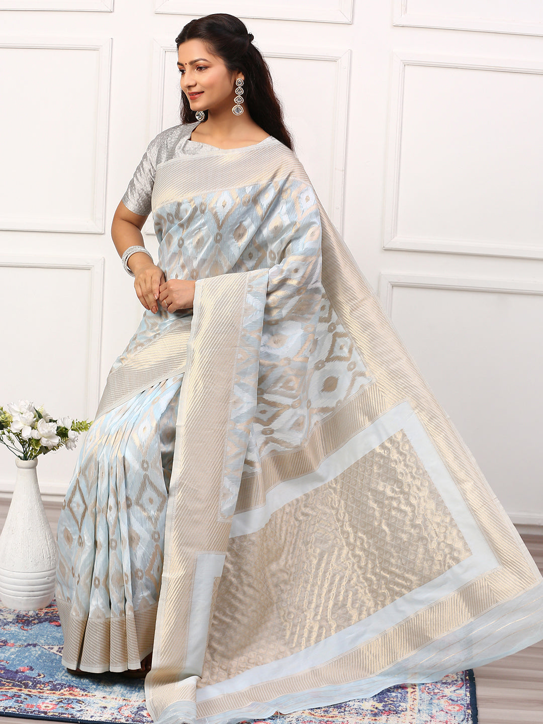 Women Semi Linen Weaving Saree Blue SL145