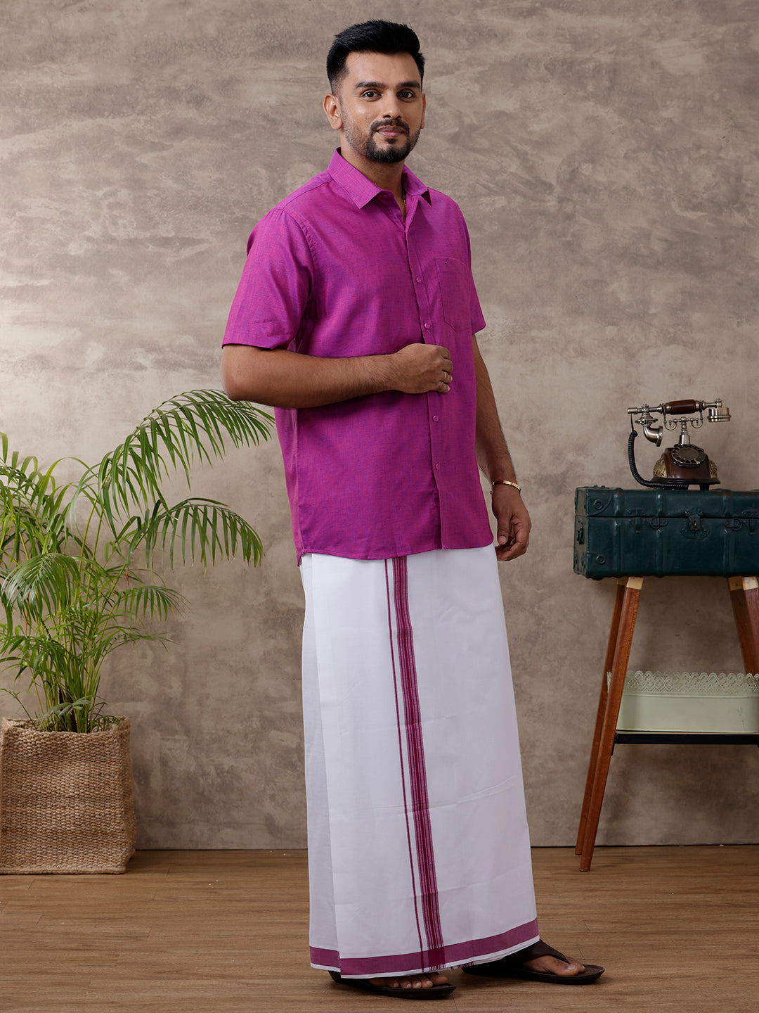 Men Matching Border Dhoti & Half Sleeves Shirt Set Magenta C49