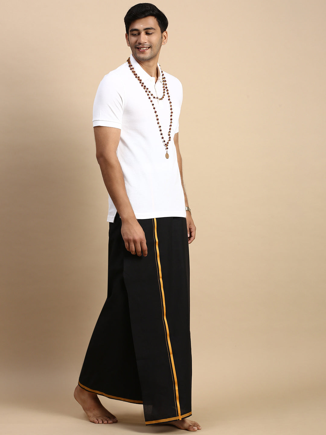 Men Devotional Big Border Dhoti & TShirt Set Black EP1