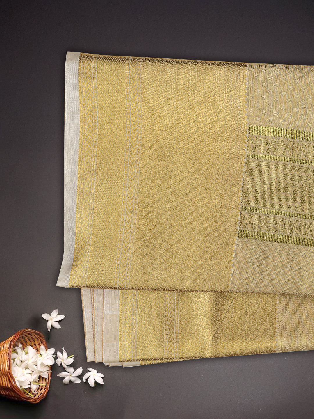 Men Art Silk Wedding Set Dhoti Shirting & Towel Set Gold Brahmotsavam B18(3*1)
