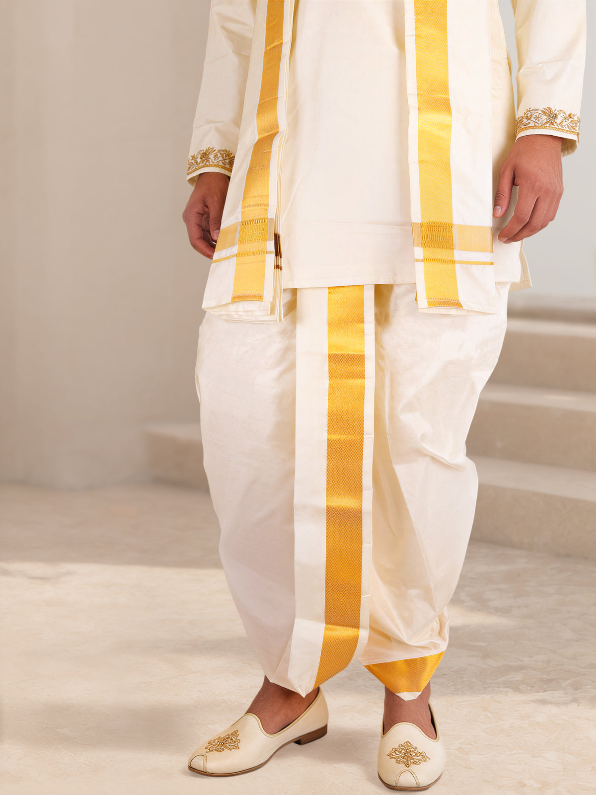 LAGNAA Premium Pure Silk Hand Embroidered Floral Motif Jari Work Kurta, Panchakacham & Angavastram set | Mangala Deepam
