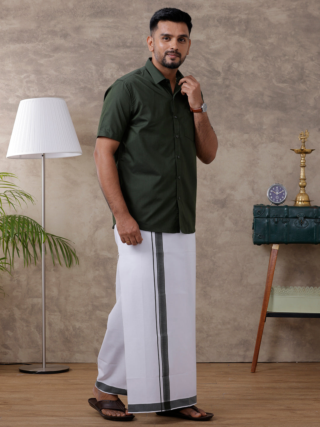 Mens Green Matching Border Dhoti & Half Sleeves Shirt Set Evolution IC8