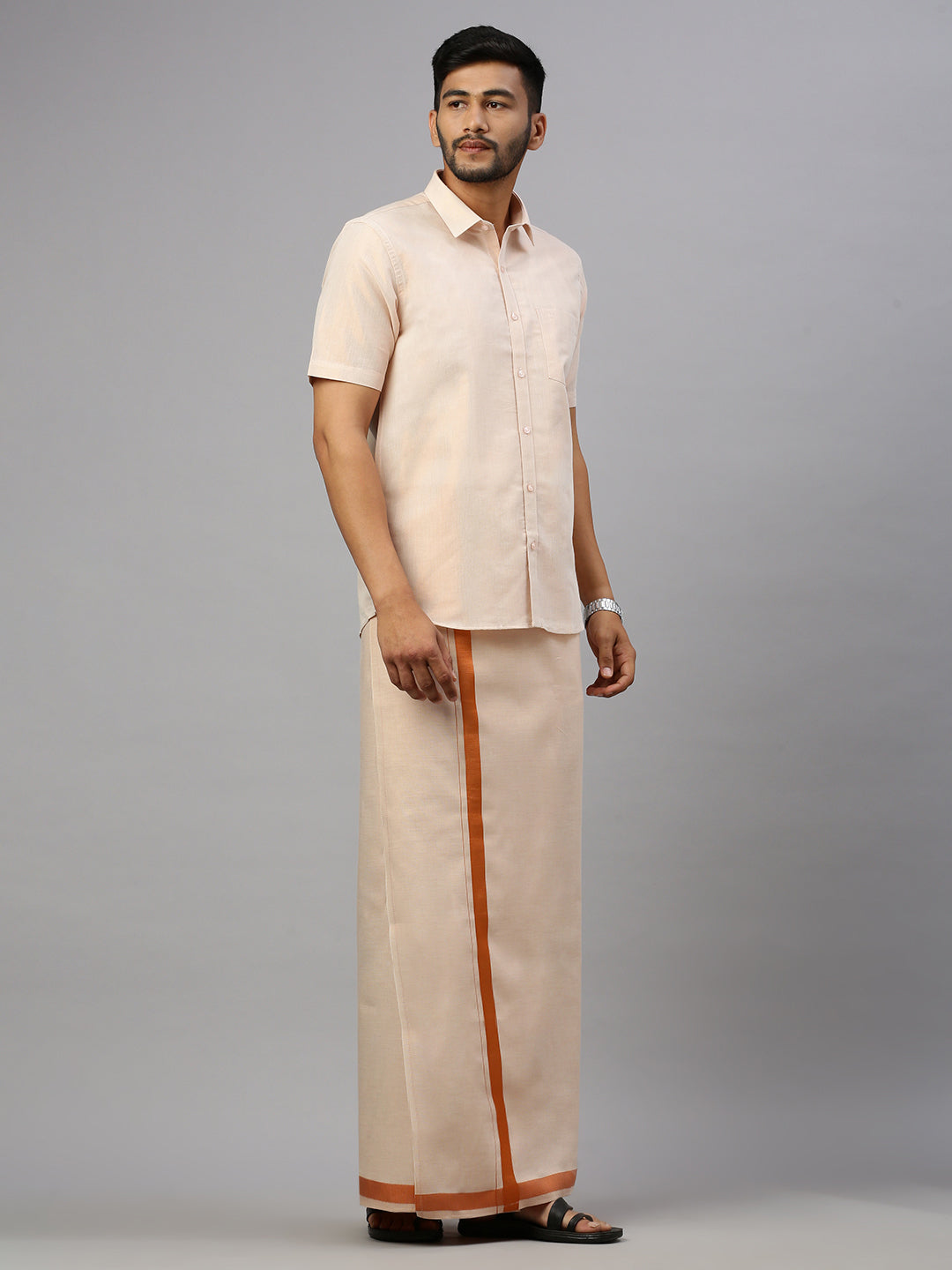 Couple Combo Tissue Copper Jari Dhoti & Shirt Set with Kerala Saree KS119