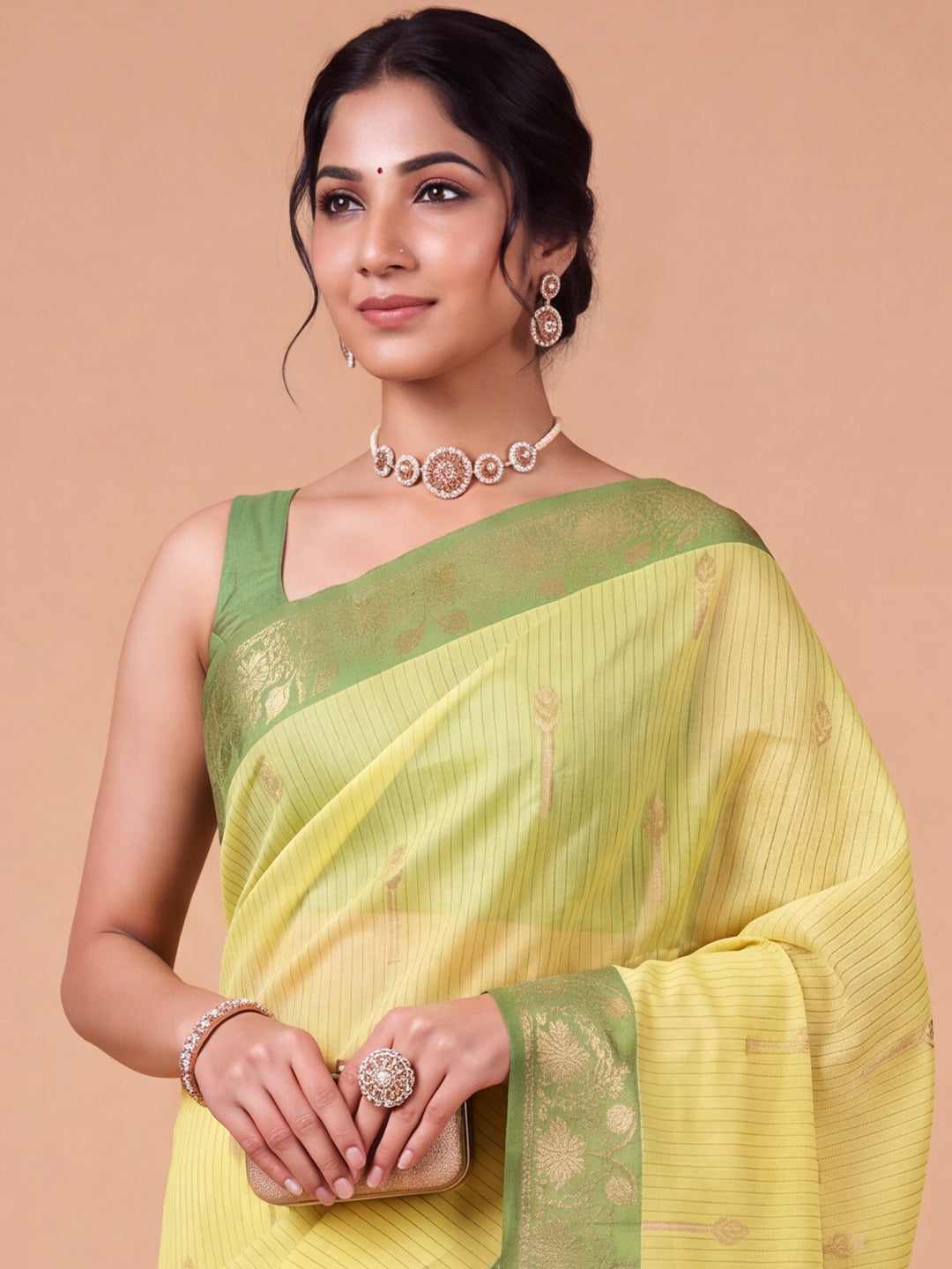 Women Greenish Yellow Green Fancy Jaquard Saree FS06