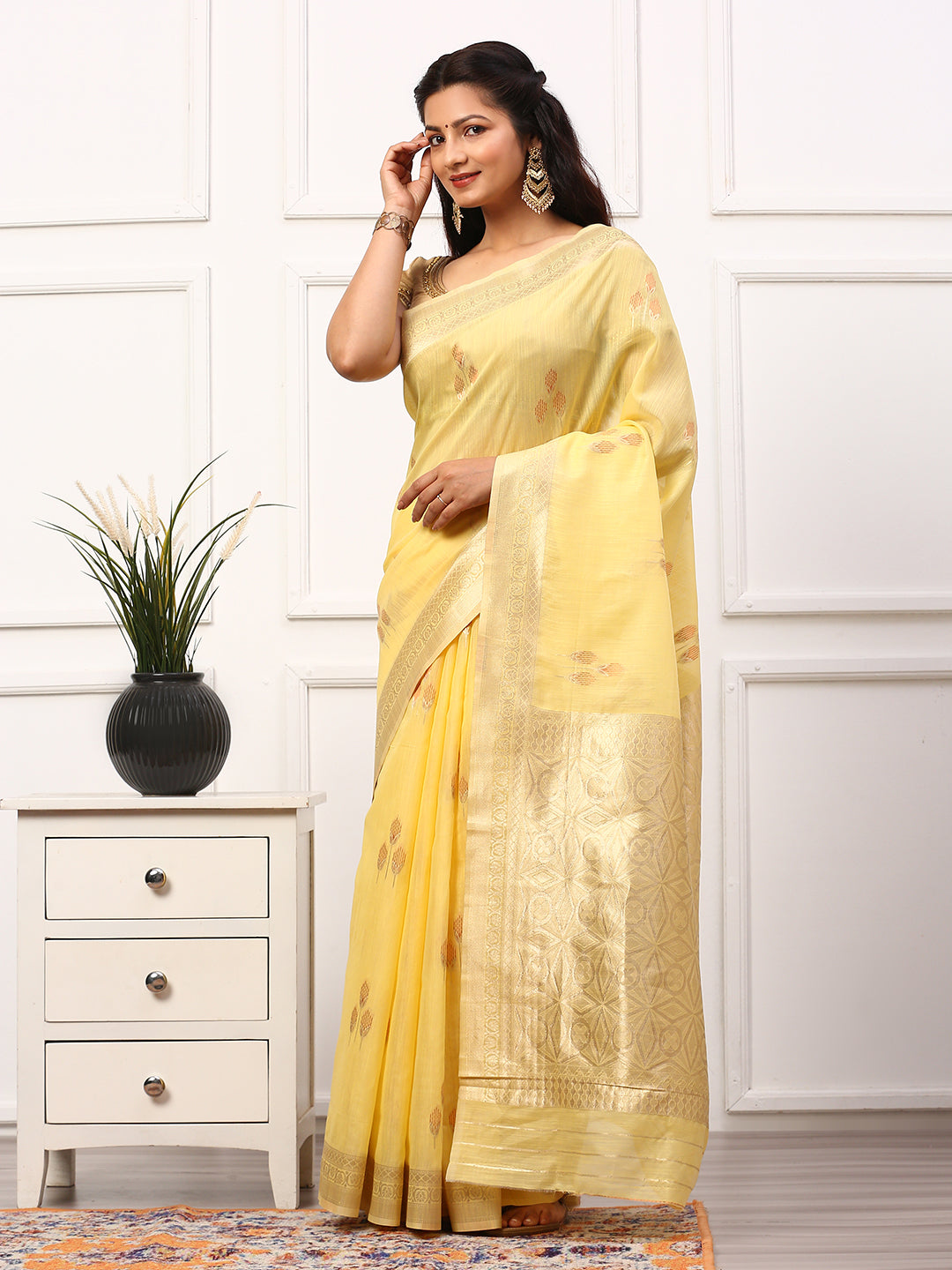 Women Semi Linen Weaving Saree Yellow SL148