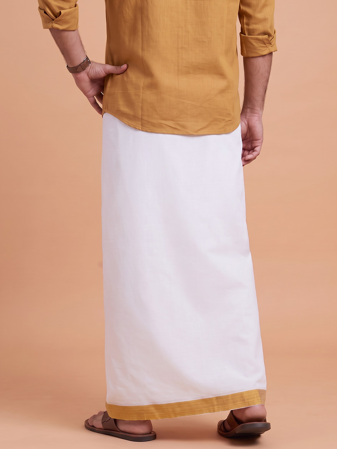 Single Layer 100% Cotton White Dhoti With 1 1/2 Inch Jacquard Gold Jari Border - GG06