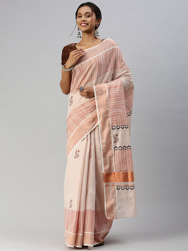 Womens Kerala Copper Tissue Printed Saree with Zari Border OKS32