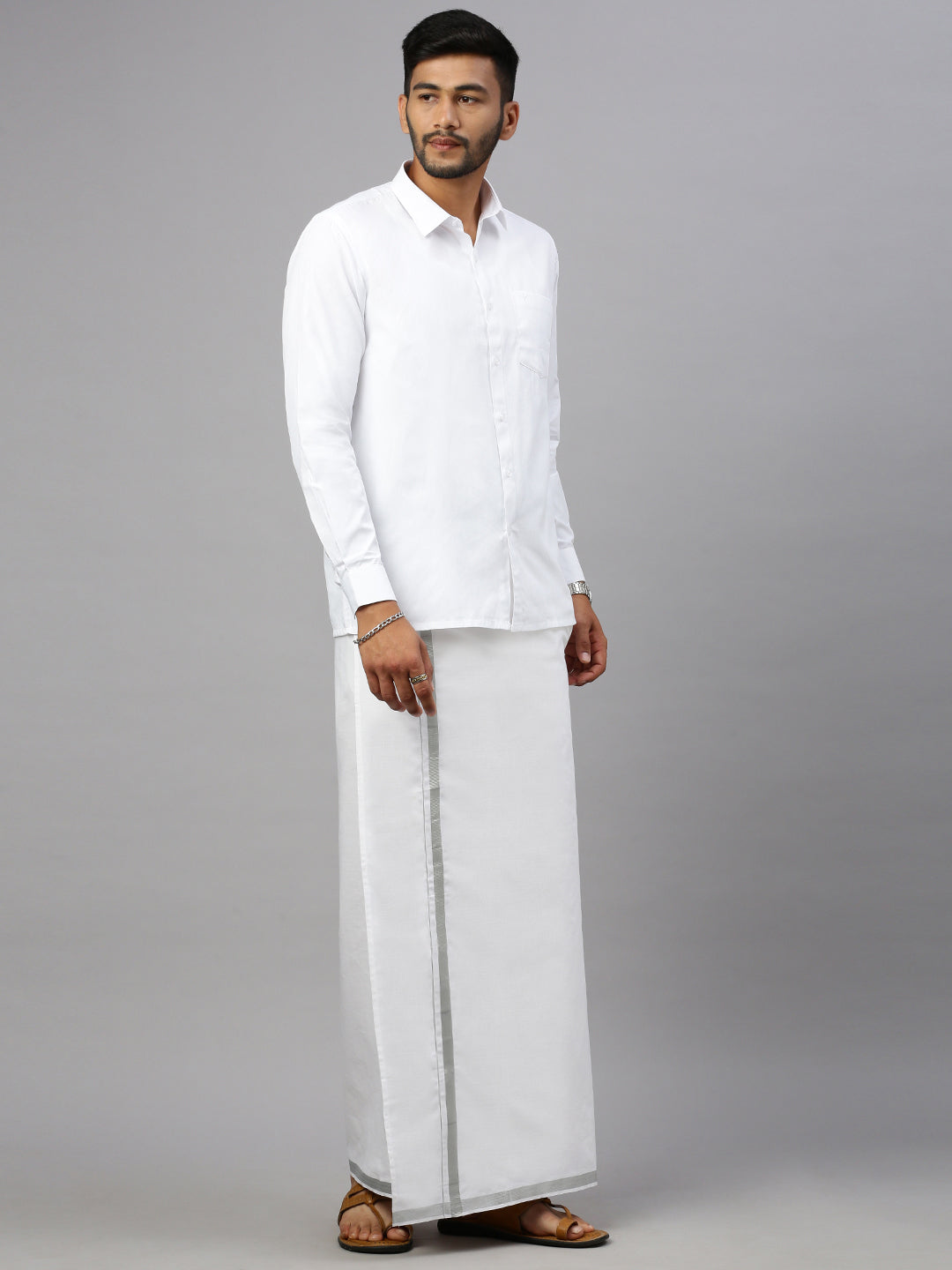 Men Single Dhoti with Silver Jari 3/4" Shringar White