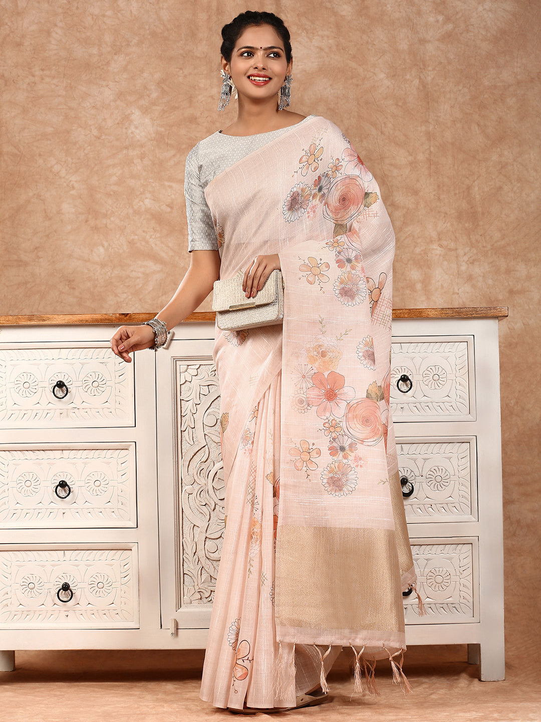 Women Semi Linen Saree Peach SL126